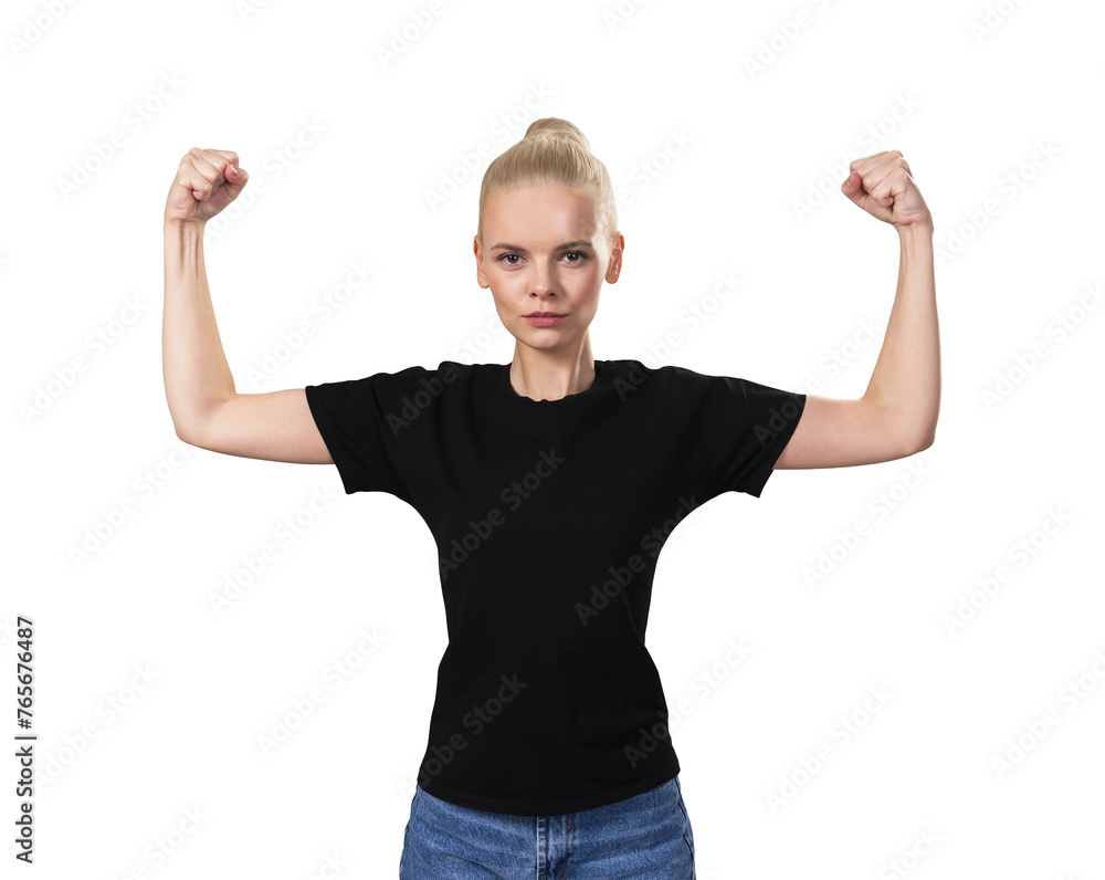 A young woman with a strong expression flexing her muscles, isolated on a white background, depicting strength and empowerment A young woman with a strong expression flexing her muscles, isolated on a white background, depicting strength and empowerment