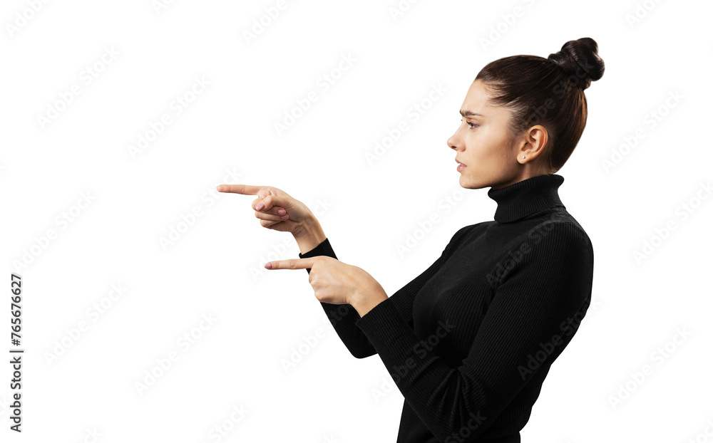 Young businesswoman pointing to the side, isolated on a white background, displaying a concept of direction or presentation Young businesswoman pointing to the side, isolated on a white background, displaying a concept of direction or presentation