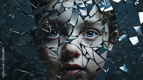 The fragmented reflection of a child in broken glass, representing the shattered innocence and the complexity of healing photo