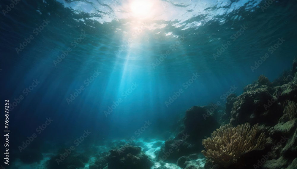 Fototapeta premium Underwater Ocean - Blue Abyss With Sunlight - Diving And Scuba Background