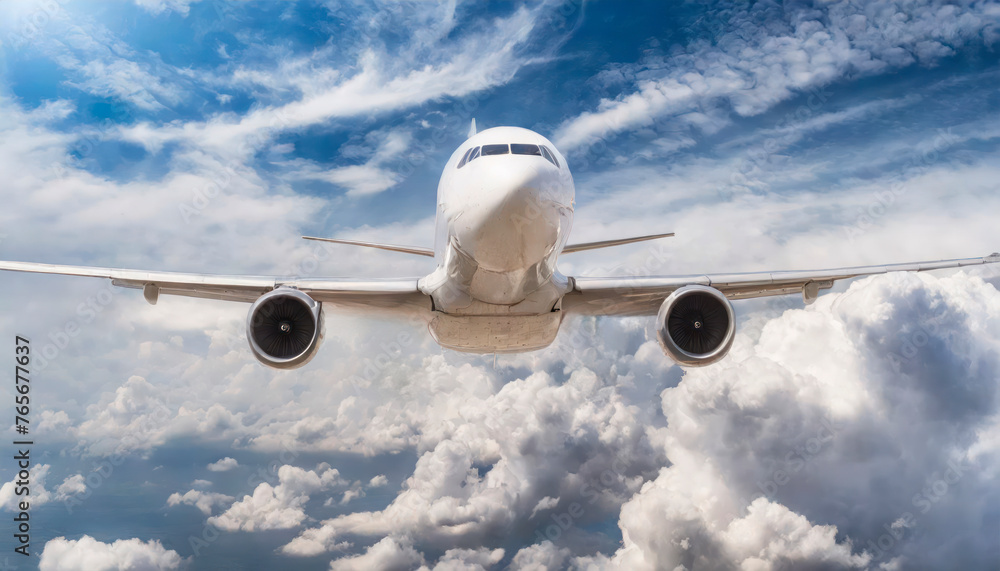 Fototapeta premium White passenger airplane flying in the sky amazing clouds in the background 
