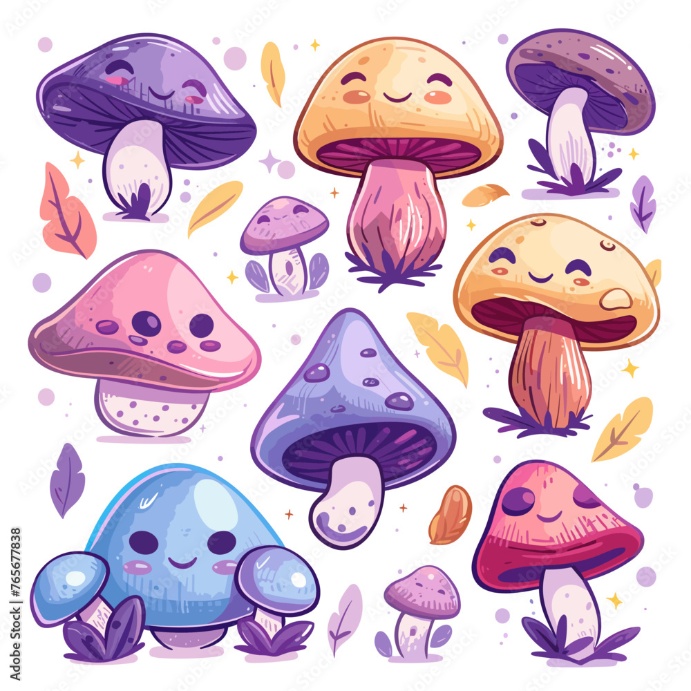 Cute cartoon mushrooms vector set. Collection of cute forest mushrooms.