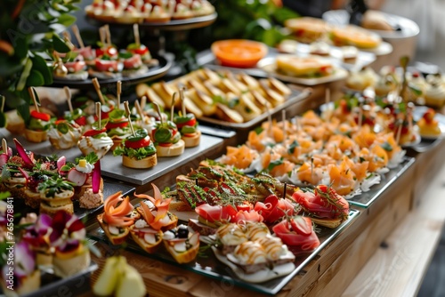 Catering table with various creative and delicious food  canape  snacks and appetizers. Catering plate. Assortment of sandwiches and tartlets on the buffet table. Meat  fish  vegetable canapes.