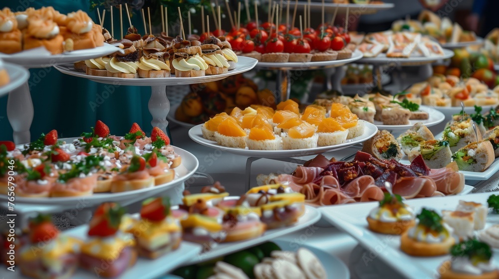 Catering table with various creative and delicious food: canape, snacks and appetizers. Catering plate. Assortment of sandwiches and tartlets on the buffet table. Meat, fish, vegetable canapes. Catering table with various creative and delicious food: canape, snacks and appetizers. Catering plate. Assortment of sandwiches and tartlets on the buffet table. Meat, fish, vegetable canapes.