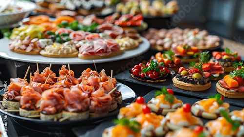 Catering table with various creative and delicious food: canape, snacks and appetizers. Catering plate. Assortment of sandwiches and tartlets on the buffet table. Meat, fish, vegetable canapes.