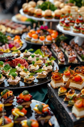 Catering table with various creative and delicious food: canape, snacks and appetizers. Catering plate. Assortment of sandwiches and tartlets on the buffet table. Meat, fish, vegetable canapes. © Ilia