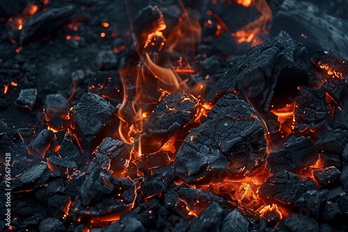 Glühende und brennende Holzkohle in Nahaufnahme  photo