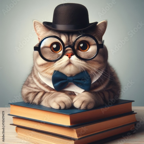 Sophisticated cat sitting on stack of books - A well-dressed cat with a bowler hat sits on a pile of books  conveying a sense of intelligence and refinement