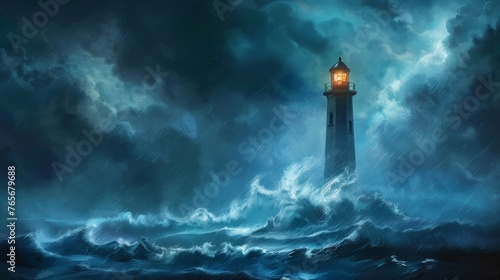 A dramatic illustration of a towering lighthouse standing firm against a backdrop of stormy seas and darkening skies, serving as a beacon of hope and guidance for those lost at sea. © Sasint