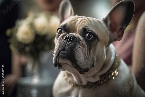 Portrait of a cute bulldog at a floral wedding ceremony