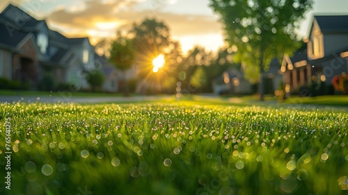 Early morning dew on manicured lawns of serene neighborhood