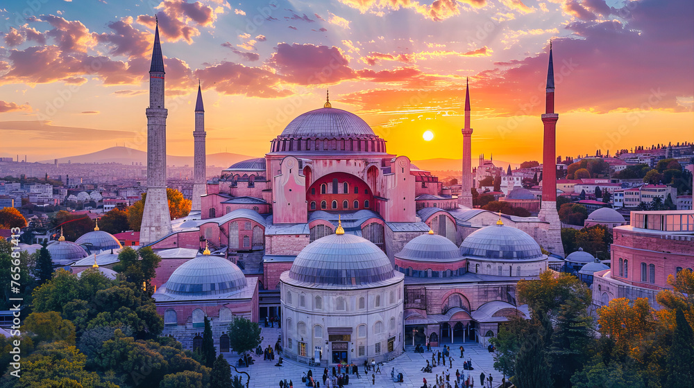 Fototapeta premium Sunset View of Istanbuls Iconic Mosques and Minarets, Embracing Turkish Architecture and Islamic Heritage
