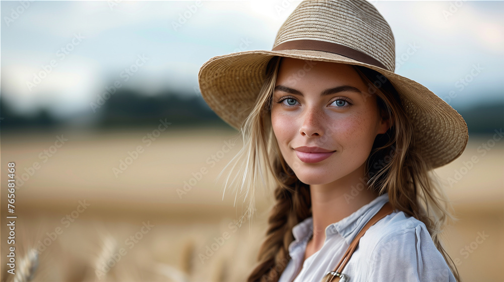 Beautiful young female farmer with farm background