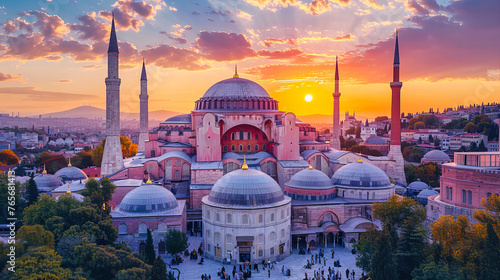 Sunset View of Istanbuls Iconic Mosques and Minarets, Embracing Turkish Architecture and Islamic Heritage
