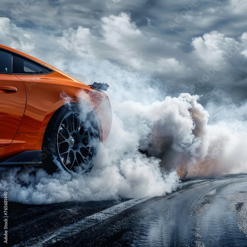 A car with black wheels is drifting on the road, smoke coming out of its tires The orange sports car zooms along at high speed, leaving behind it clouds of gray and white smoke from underfoot