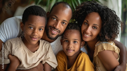 A family portrait featuring a couple with their adopted children, all dressed in casual clothes, leaning on each other comfortably for the picture.