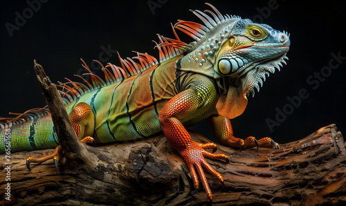 colorful iguana on the dry trunk  side view 