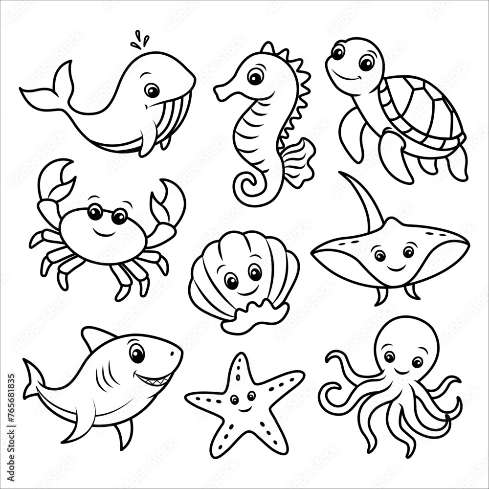 Obraz premium Set with cute sea animals whale, turtle, shark, starfish, crab, seahorse and octopus. Vector illustration for printing. Cute children's background. Coloring book