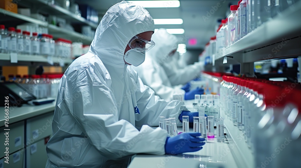Scientists are studying chemicals contained in glass tubes. Ready to wear protective equipment Scientists are studying chemicals contained in glass tubes. Ready to wear protective equipment