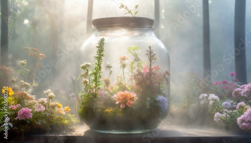 Un terrarium en bocal en verre rempli de nombreuses plantes à fleurs, matin brumeux, rêveur 