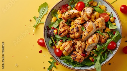 Healthy lunch bowl against a vivid yellow backdrop highlights freshness