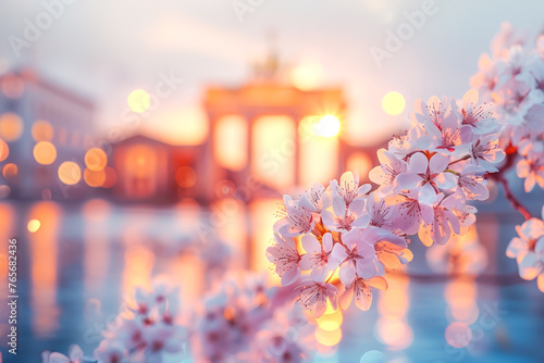 Spring Germany backdrop with blurred tranquil scene with the Brandenburg Gate at sunset, framed by lilac flowers blossoms, reflecting on the water in a serene blend of history and spring's renewal photo