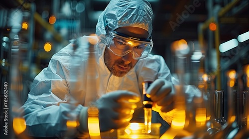 Scientists are studying chemicals contained in glass tubes. Ready to wear protective equipment