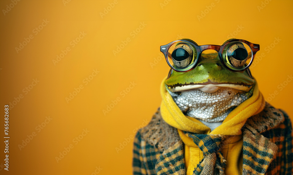 A frog wearing a yellow coat and tie giving it a human-like appearance. The image has a whimsical and playful mood. Wide banner with space for text. Stylish animal posing as supermodel A frog wearing a yellow coat and tie giving it a human-like appearance. The image has a whimsical and playful mood. Wide banner with space for text. Stylish animal posing as supermodel