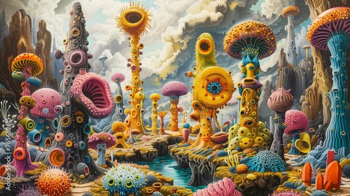 Surreal artwork depicting a fantastical realm where sentient creatures of various shapes and sizes come together to sign an integration 