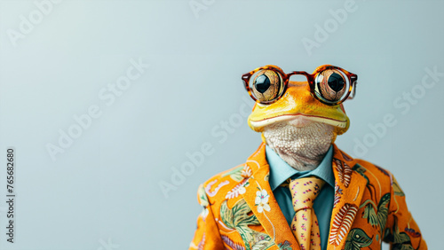 A frog wearing a yellow coat and tie giving it a human-like appearance. The image has a whimsical and playful mood. Wide banner with space for text. Stylish animal posing as supermodel