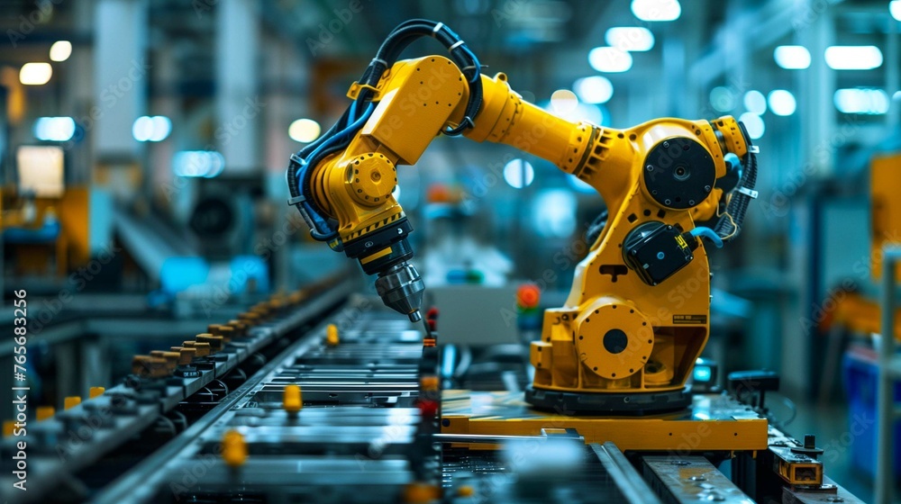 Factory assembly line with workers and machinery in motion Factory assembly line with workers and machinery in motion