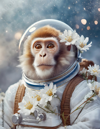 affe, astronaut, Weltall, kosmos, universum, neu, modern, tier, futuristisch, cartoon, surreal, cyberworld, nebel, floral, blüten, blumen, spaßig, komisch, copy space, karte, gestalten, entwerfen photo