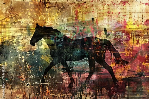 Abstract Modern Horse Painting, Textured Metallic Background, Mixed Media Digital Art