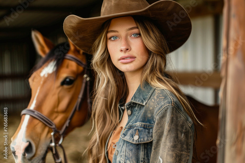 A woman in a cowboy hat poses with a brown horse. The photo has a rustic, western feel to it. Cowgirl relax with horse on farm © Nataliia_Trushchenko