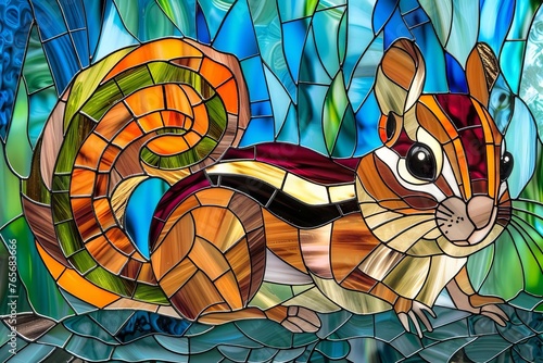 Colorful stained glass portrayal of a friendly chipmunk, cute and detailed
