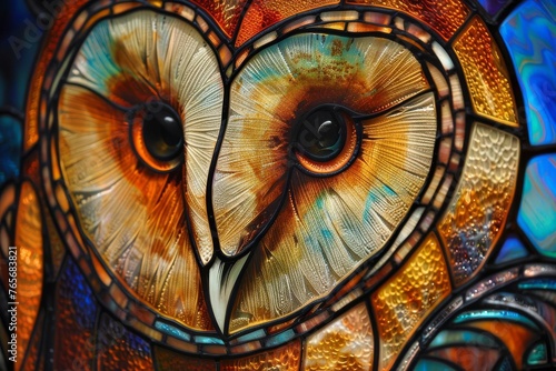 Colorful stained glass portrayal of a wise barn owl  knowledgeable and intricate