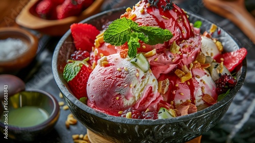 Day of Ice Cream in an arid land, flavors inspired by Andromeda and Hittite iron craftsmanship, served to refresh wanderers, with a side of traditional menemen no splash photo