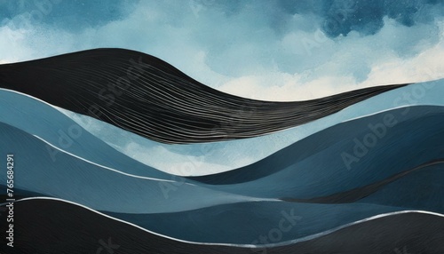 a captivating vector texture poster banner featuring bold black water waves juxtaposed against serene blue sky background, with dynamic lines adding movement and depth, creating an abstract yet harmon photo