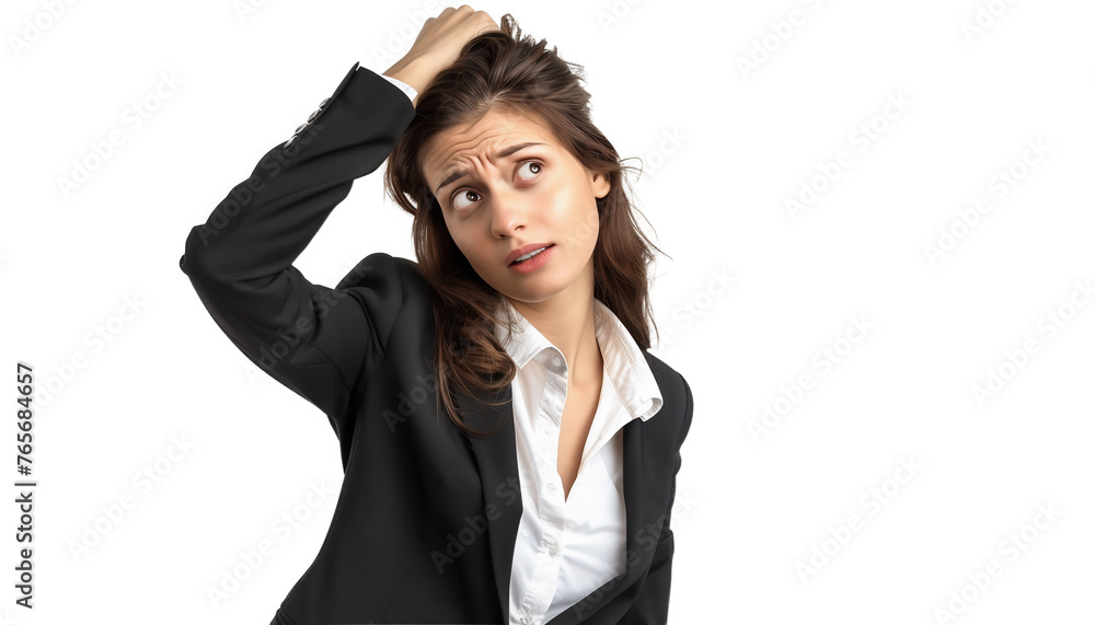 Businesswoman scratches her head in confusion and looks sideways on white background. Businesswoman scratches her head in confusion and looks sideways on white background.
