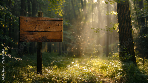 Wooden sign in a sunlit forest clearing invites tranquil exploration photo