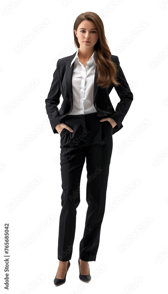Portrait of a woman. Businesswoman character in elegant suit with hands in pockets on white background. Portrait of a woman. Businesswoman character in elegant suit with hands in pockets on white background.