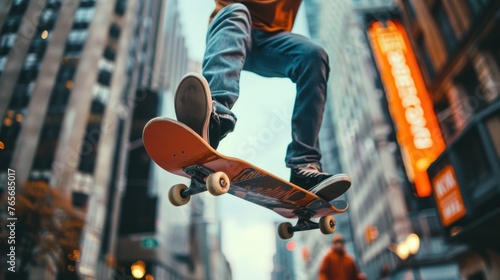 Skateboarder in mid-air performing a trick photo