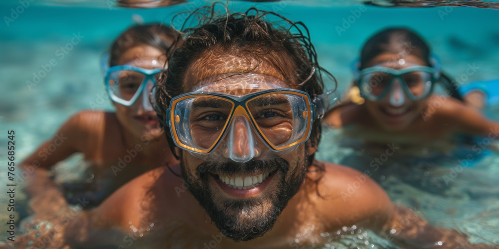 Happy  people snorkelling in the sea