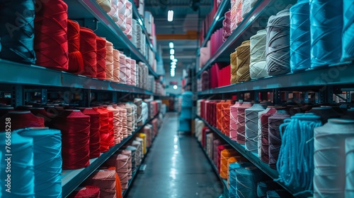 Threads of oceanic colors line industrial shelves under soft light