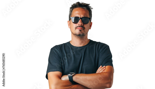 Portrait of a person. Man in sunglasses with folded arms on white background. © michalsen
