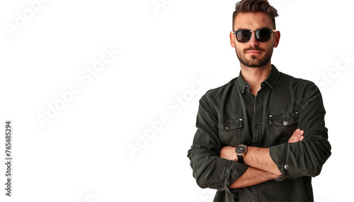 Portrait of a man. Man in sunglasses with folded arms on white background. © michalsen