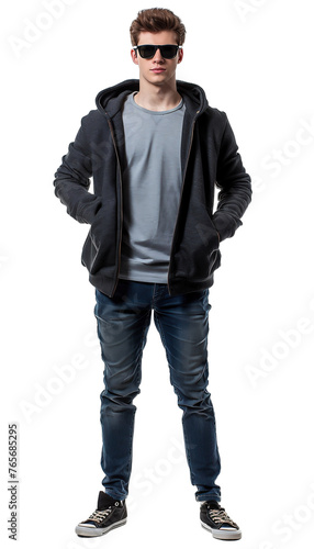 Portrait of a man. Figure of a young man in sunglasses with hands in his pockets on a white background. © michalsen
