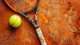 Close-up of a tennis racket and ball on clay court