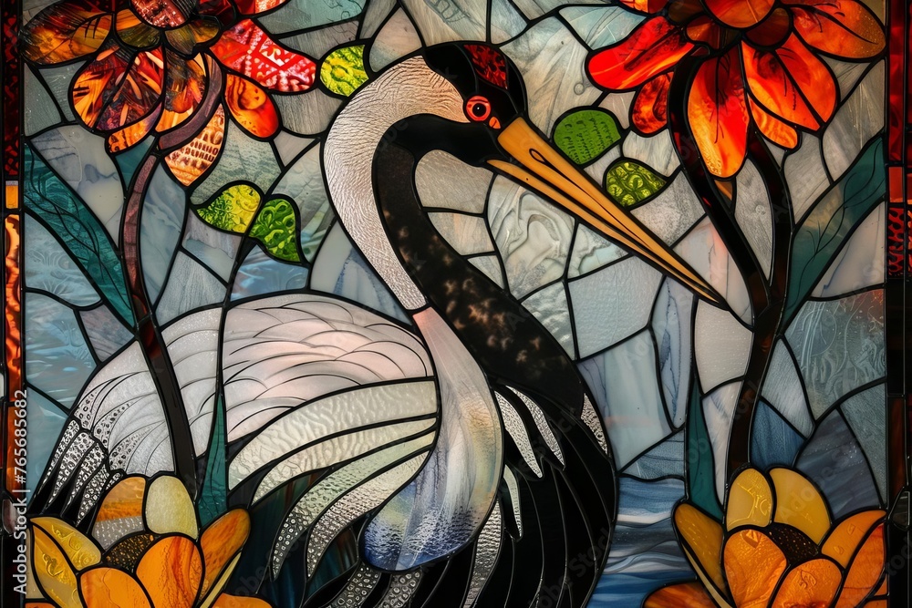graceful crane depicted in intricate stained glass, Vibrant Stained Glass Style, elegant, detailed - obrazy, fototapety, plakaty 