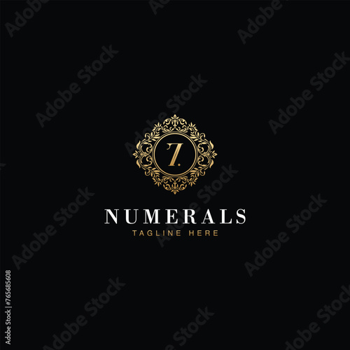 7 Numerals Luxury elegant victorian floral filigree frame badge pattern with number 7 inside the circle badge emblem logo design vector in gold colors